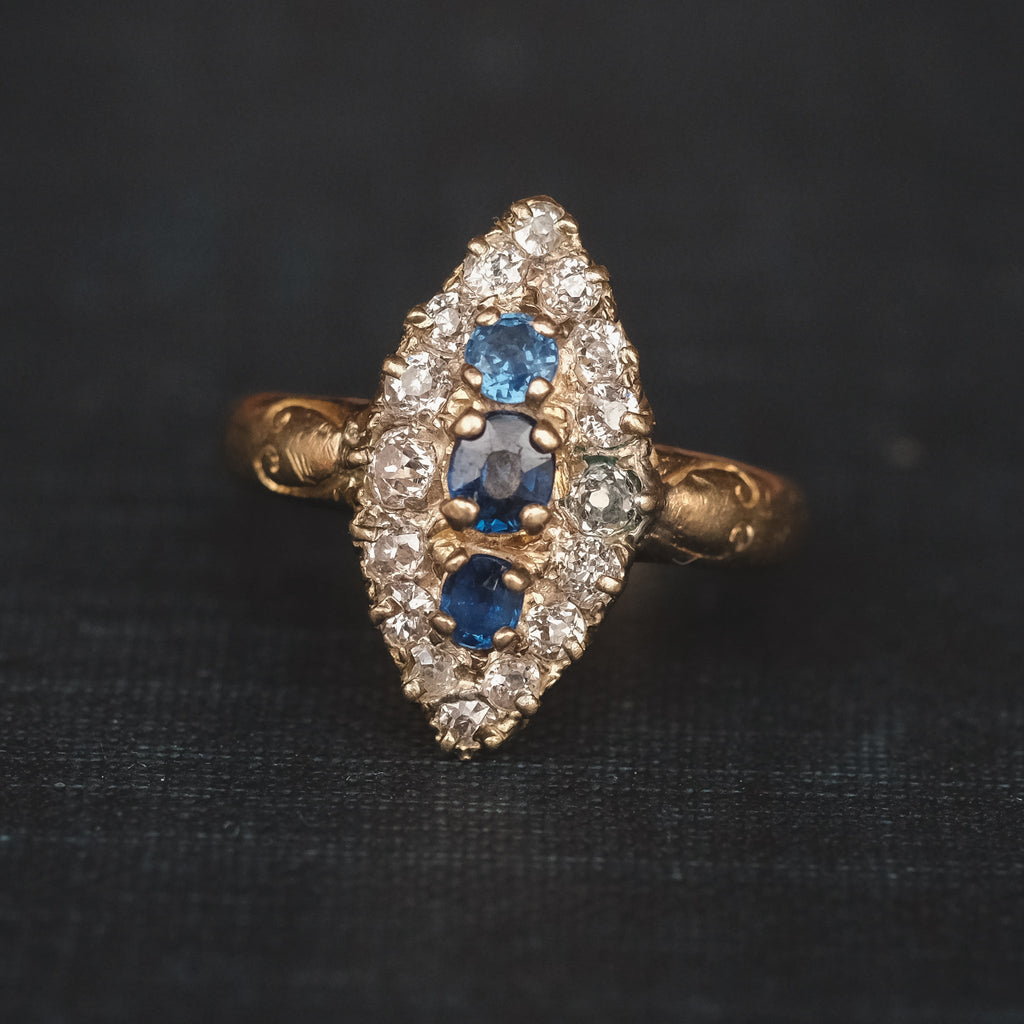 36. Edwardian Sapphire & Diamond Marquise Ring - Lost Owl Jewelry