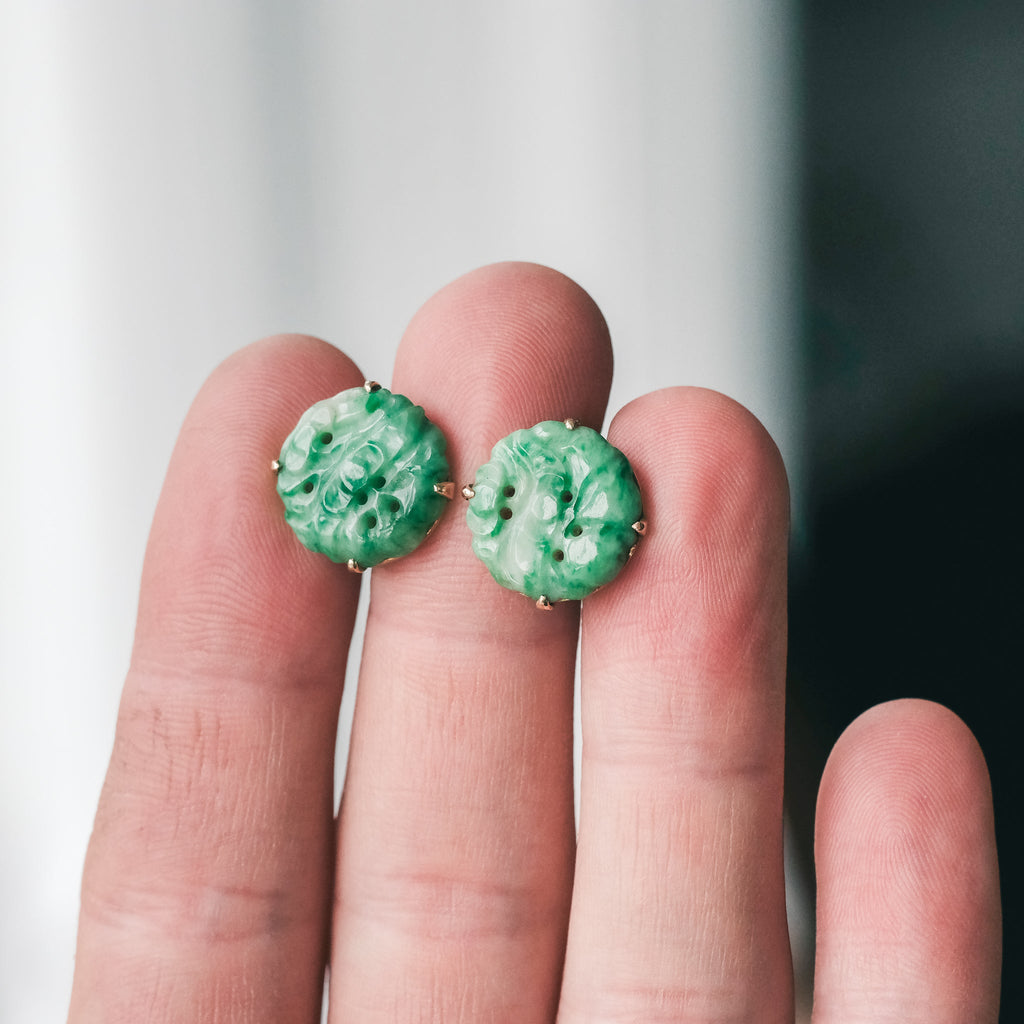 Art Deco Carved Jade Earrings - Lost Owl Jewelry