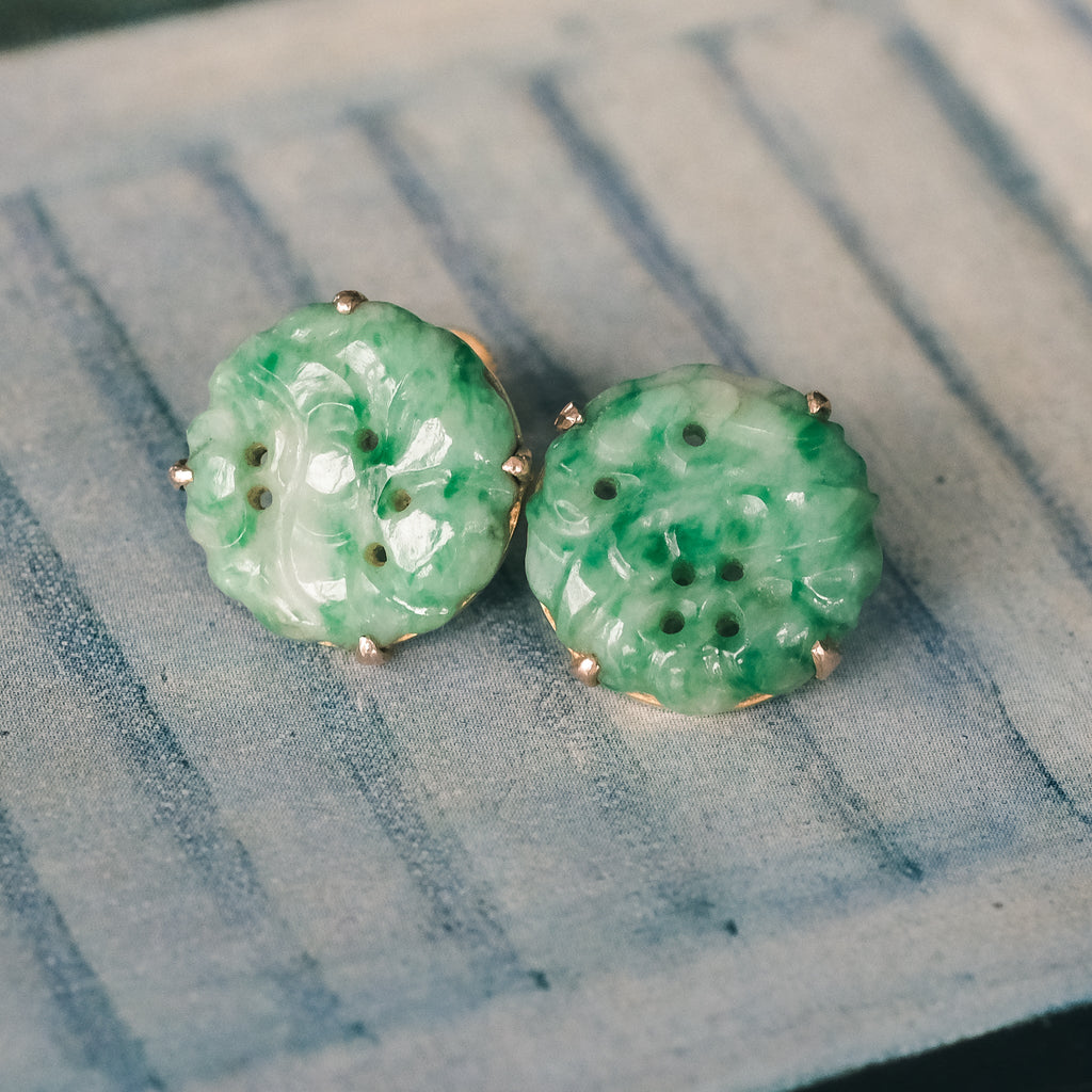 Art Deco Carved Jade Earrings - Lost Owl Jewelry