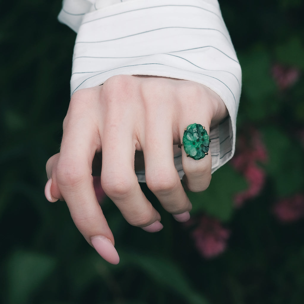 Art Deco Carved Jade Ring - Lost Owl Jewelry