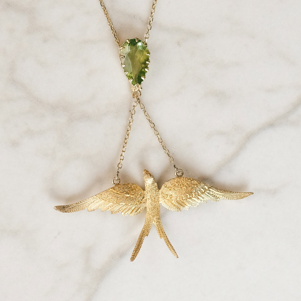 Art Deco Swallow & Peridot Necklace - Lost Owl Jewelry
