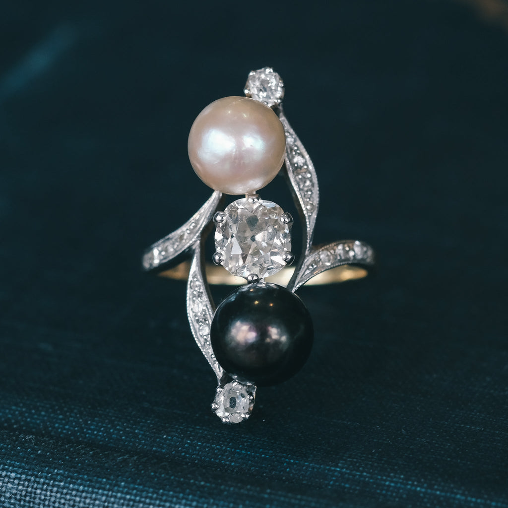Art Nouveau Black & White Pearl Ring - Lost Owl Jewelry