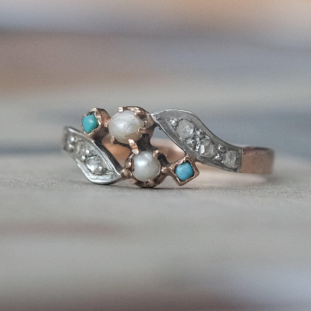Art Nouveau Pearl & Turquoise Crossover Ring - Lost Owl Jewelry