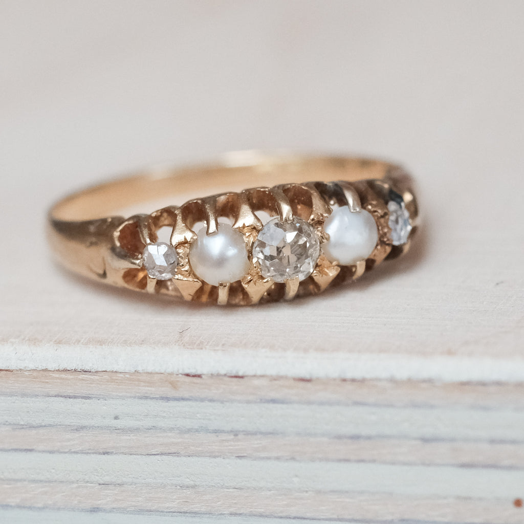 Victorian Diamond & Pearl Boat Ring - Lost Owl Jewelry