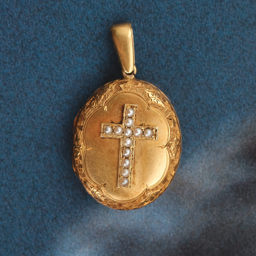 Victorian Pearl Cross Locket - Lost Owl Jewelry