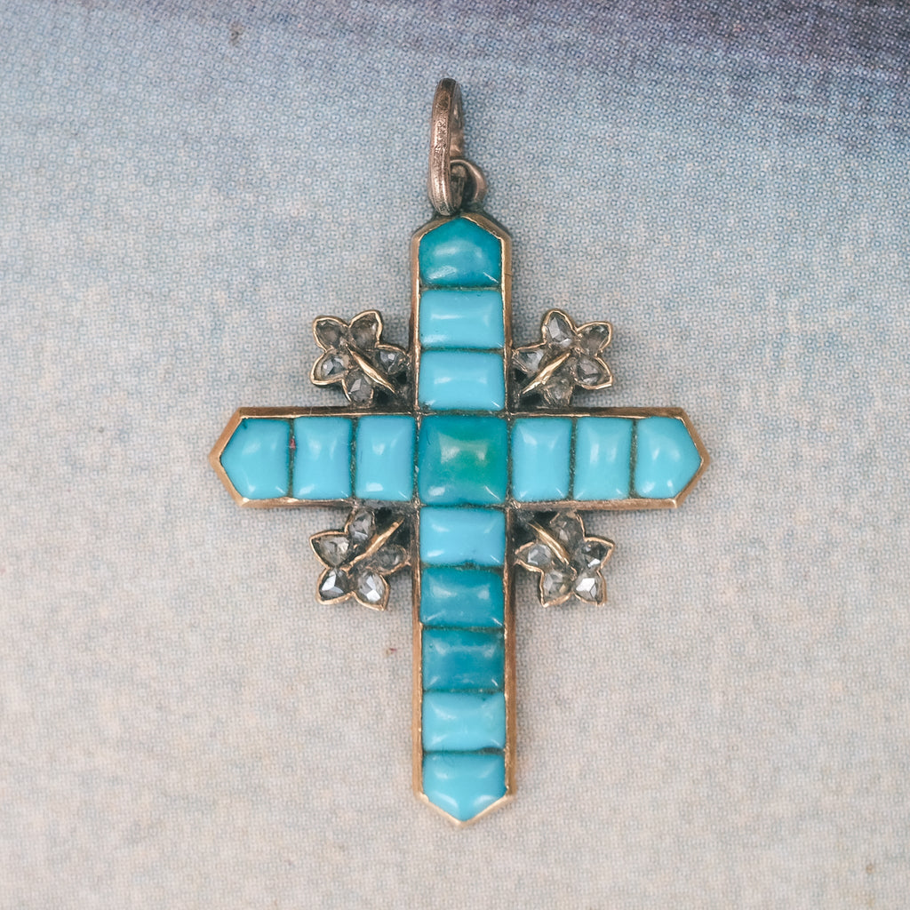 Victorian Turquoise & Ivy Leaf Cross - Lost Owl Jewelry