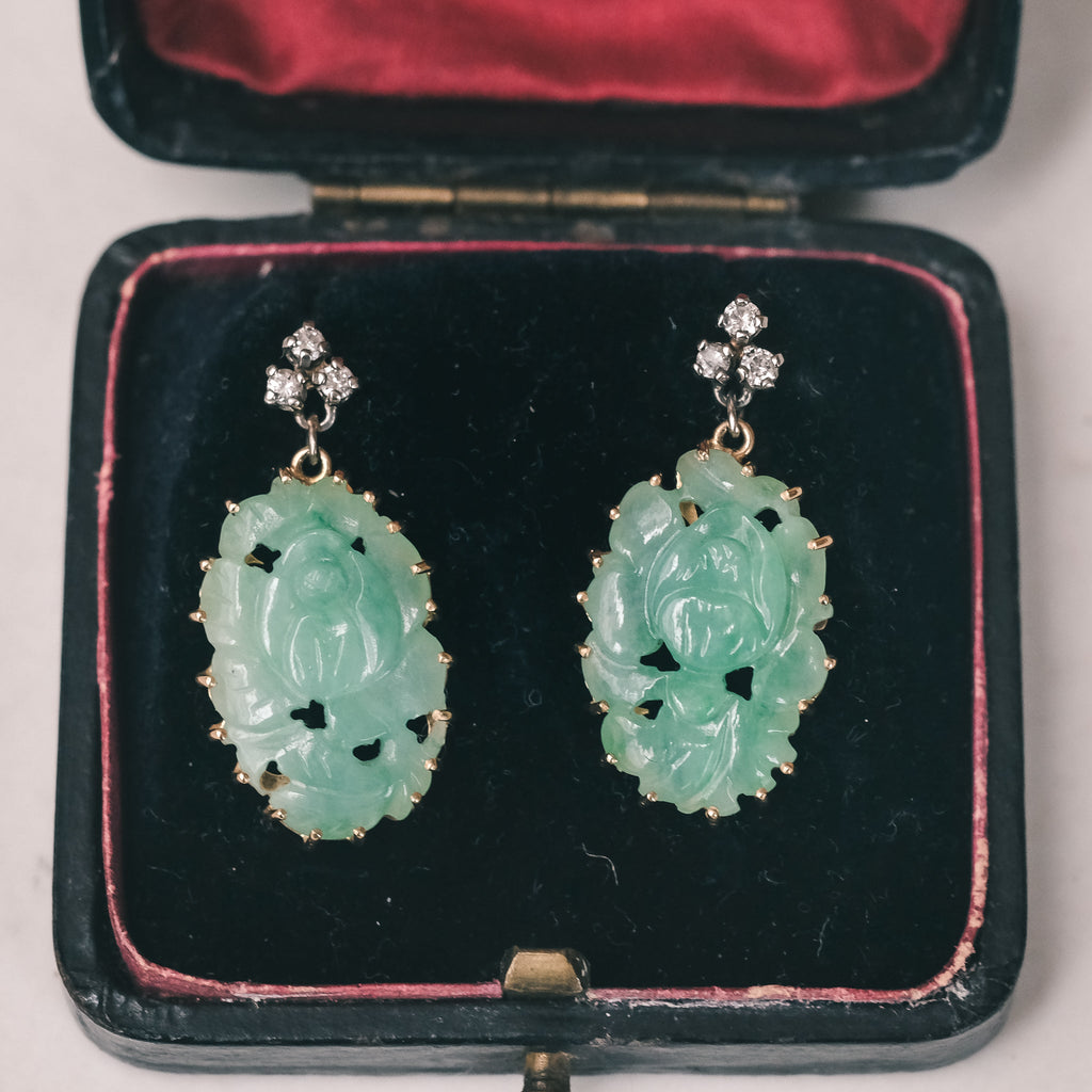 Vintage Carved Jade Poppy Earrings - Lost Owl Jewelry