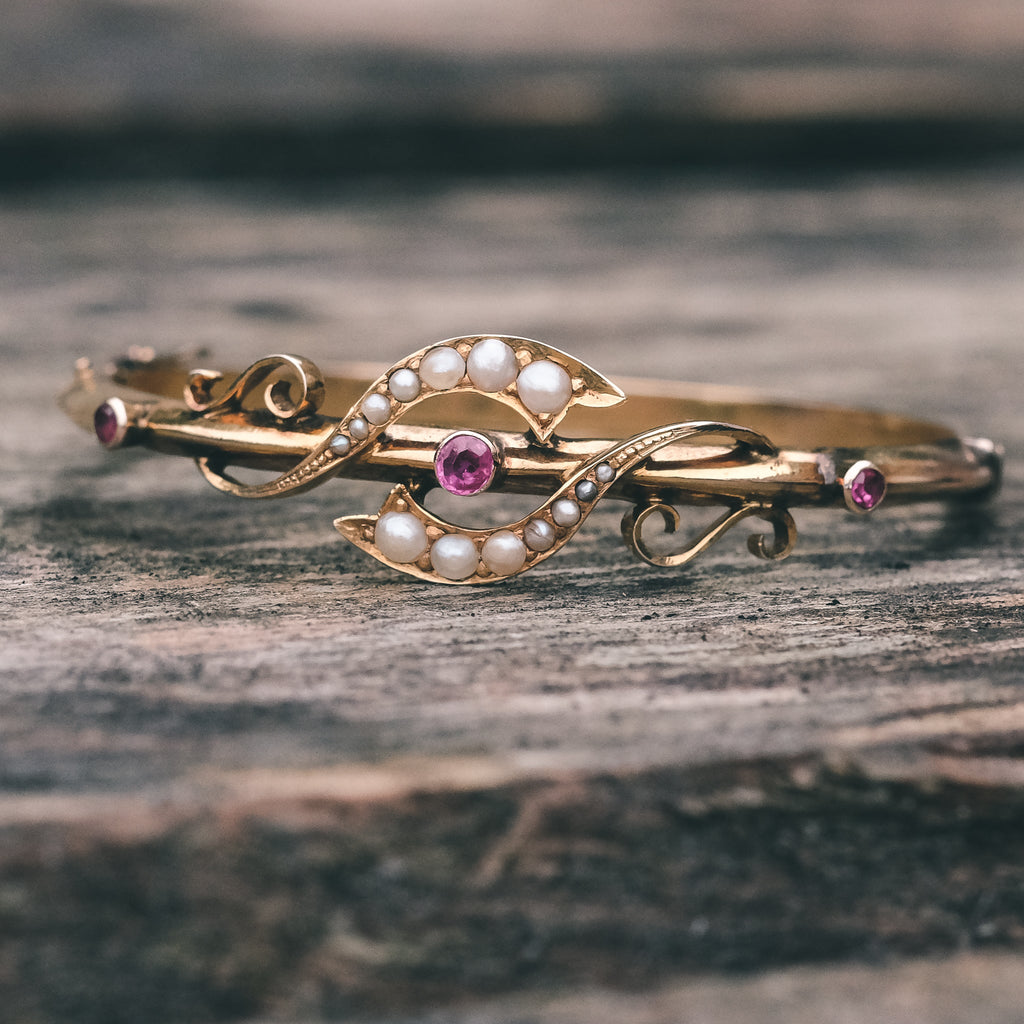 Art Nouveau Ruby & Pearl Bangle - Lost Owl Jewelry