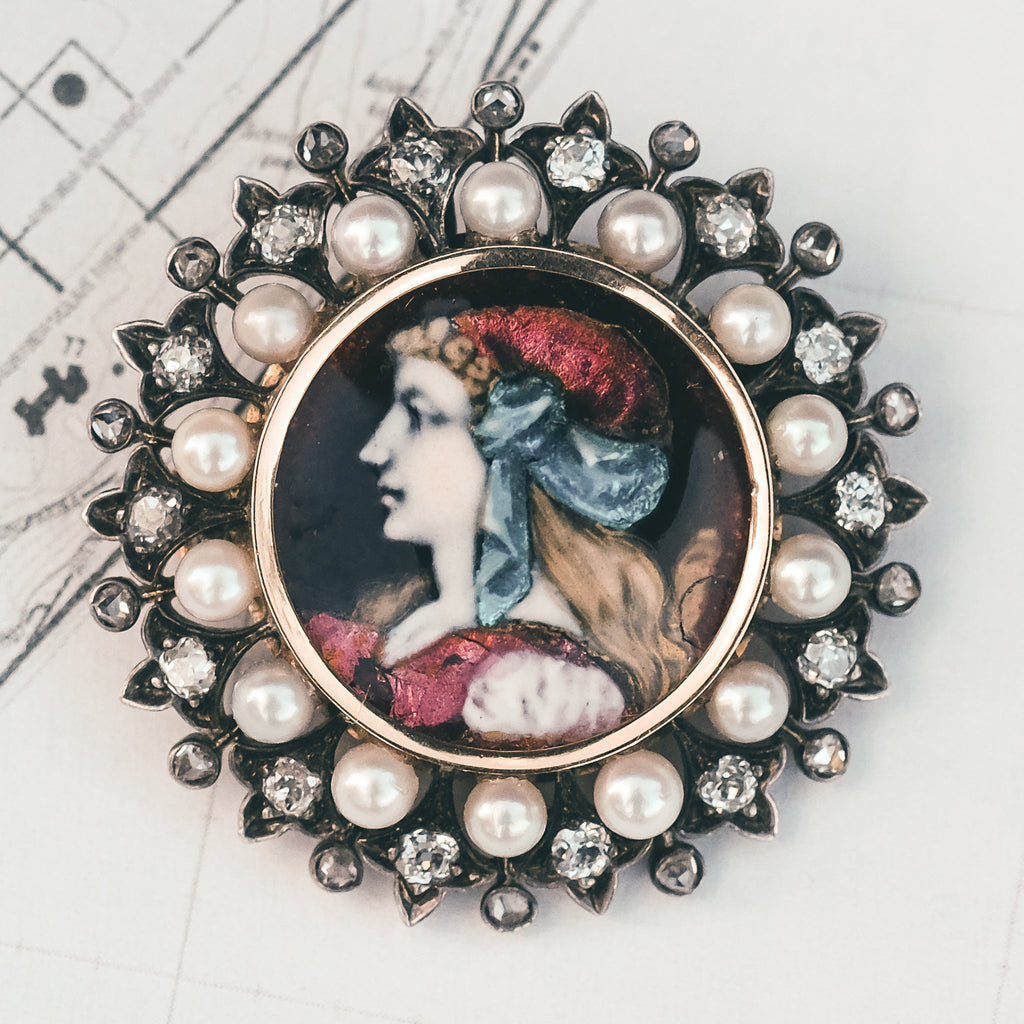 Edwardian Limoges Enamel Portrait Brooch - Lost Owl Jewelry