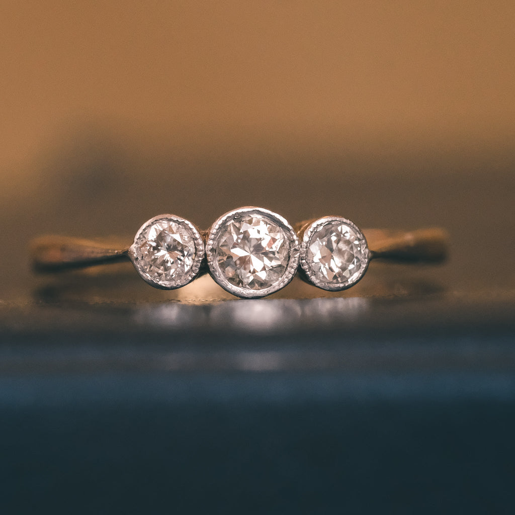 Edwardian Three-Stone Diamond Bezel Ring - Lost Owl Jewelry