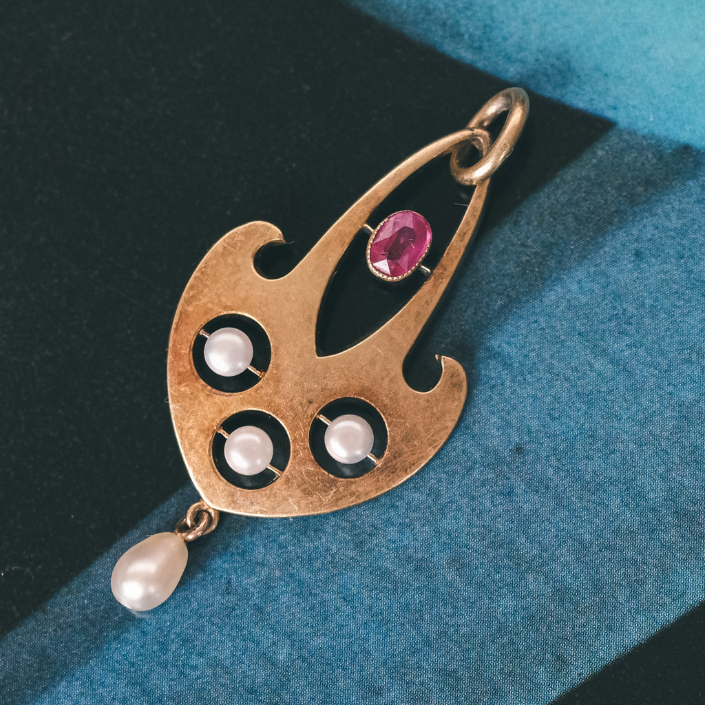 Jugendstil Pearl & Ruby Pendant - Lost Owl Jewelry