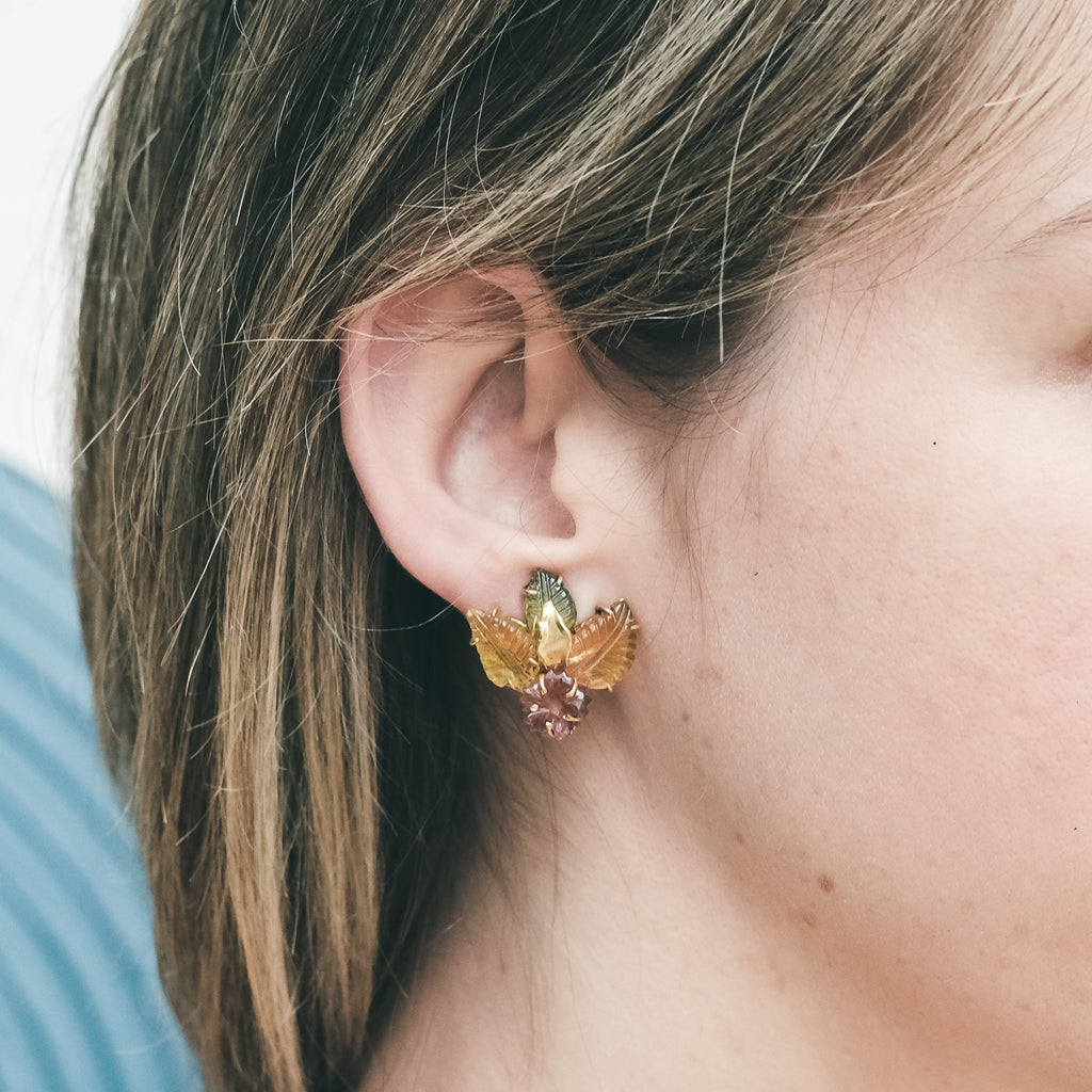 Mid-Century Carved Tourmaline Flower Earrings - Lost Owl Jewelry