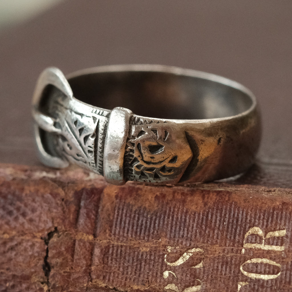 Victorian Engraved Silver Buckle Ring - Lost Owl Jewelry