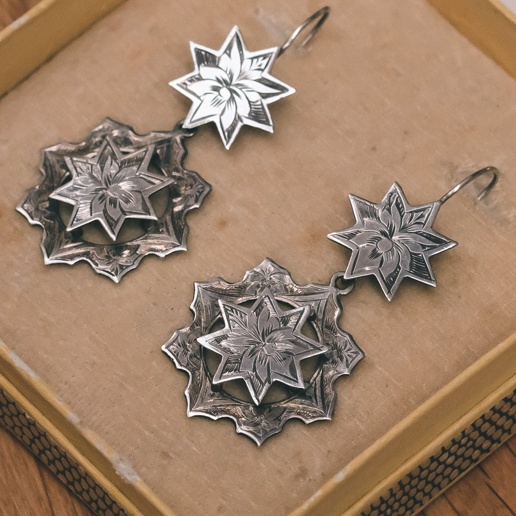 Victorian Engraved Silver Star Earrings - Lost Owl Jewelry
