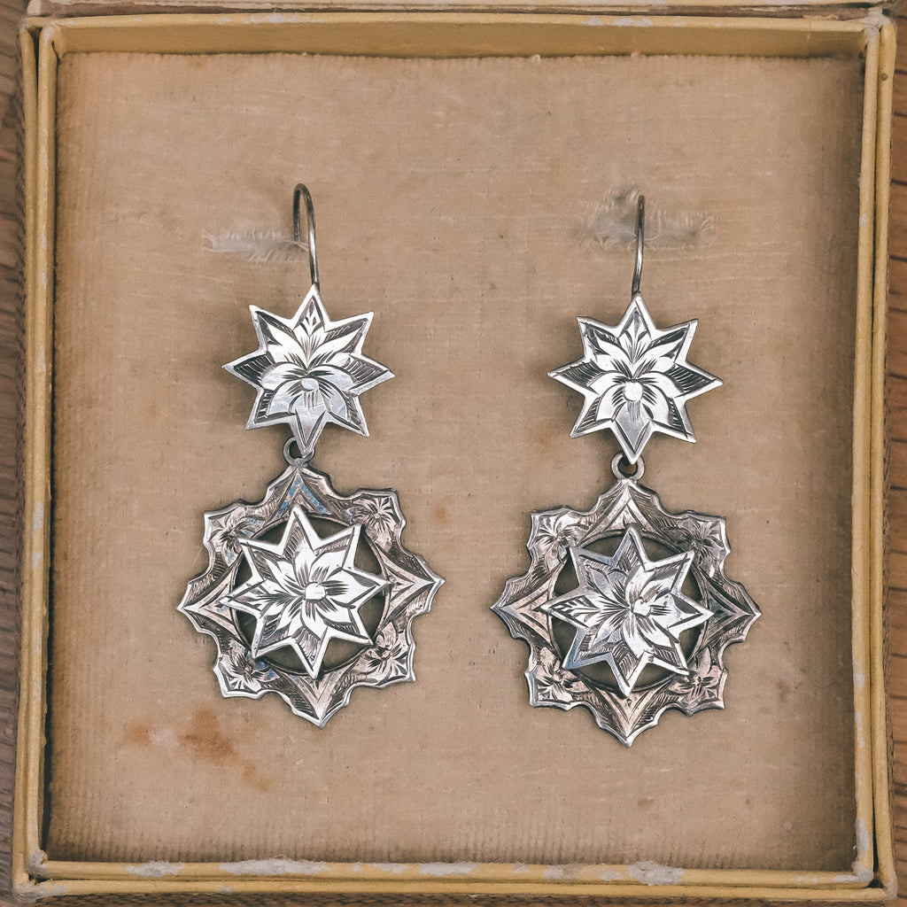 Victorian Engraved Silver Star Earrings - Lost Owl Jewelry