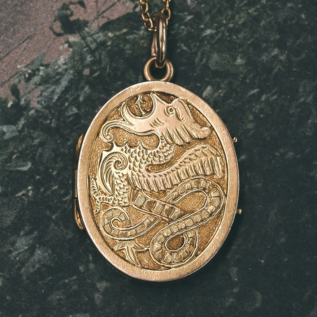 Victorian Gold Wyvern Locket - Lost Owl Jewelry