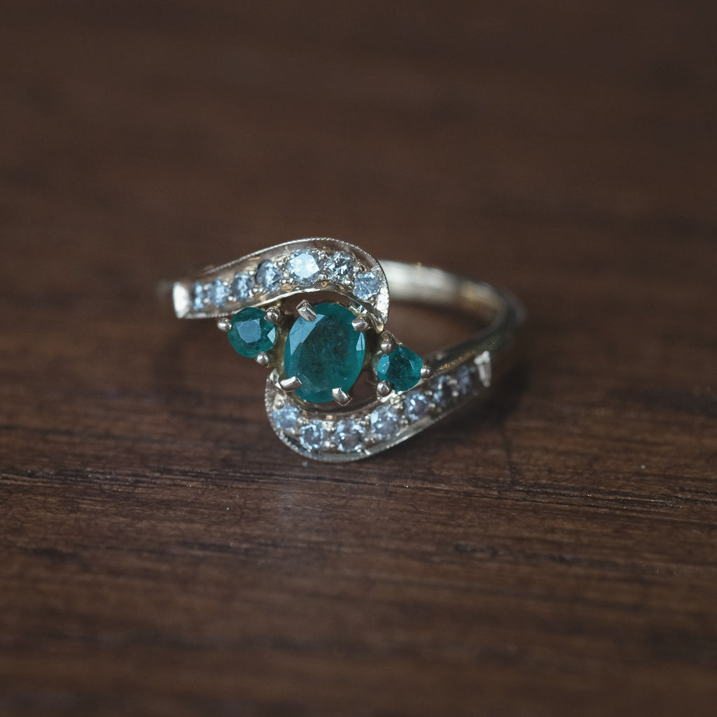 Vintage Emerald & Diamond Crossover Ring - Lost Owl Jewelry