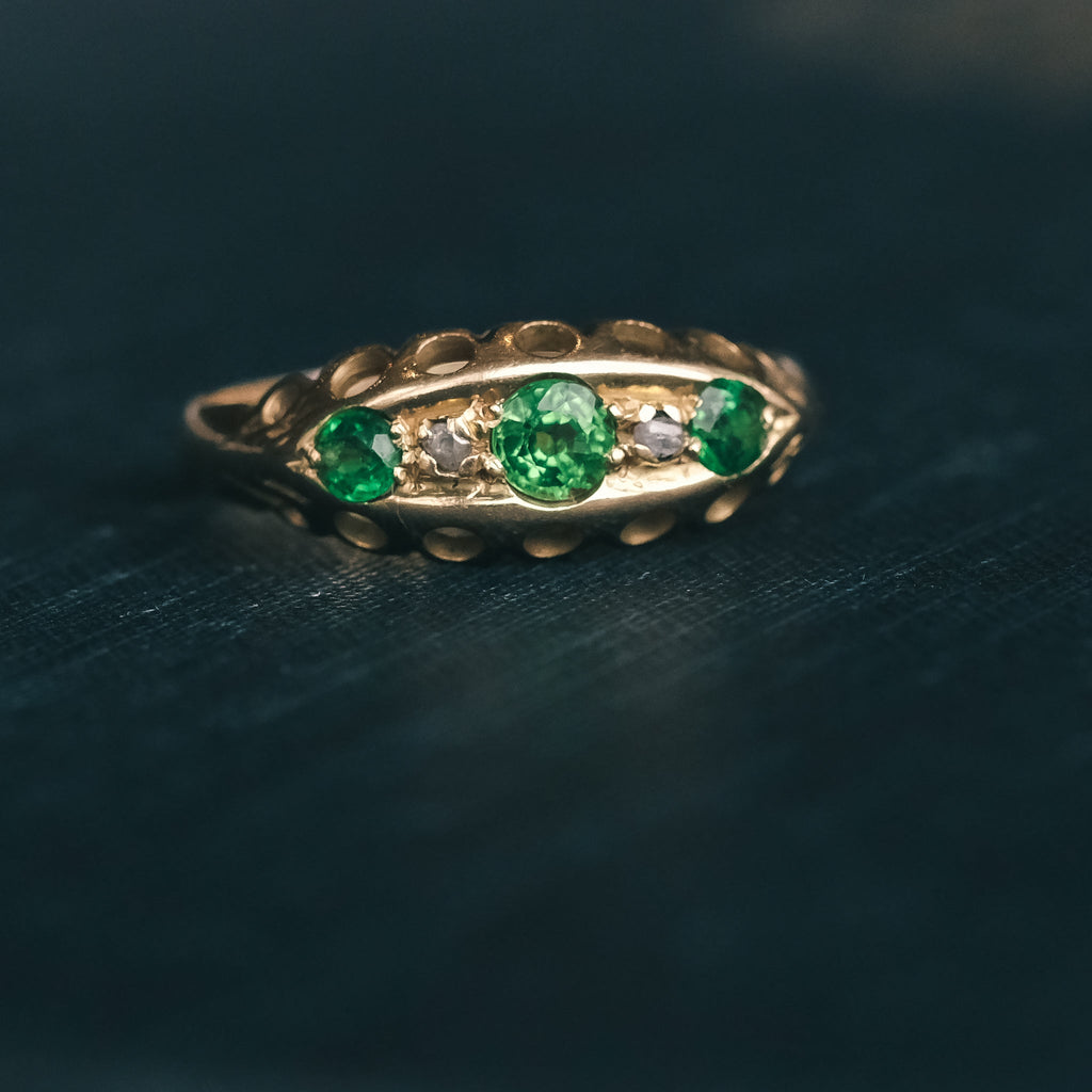 1918 Demantoid Garnet Boat Ring - Lost Owl Jewelry