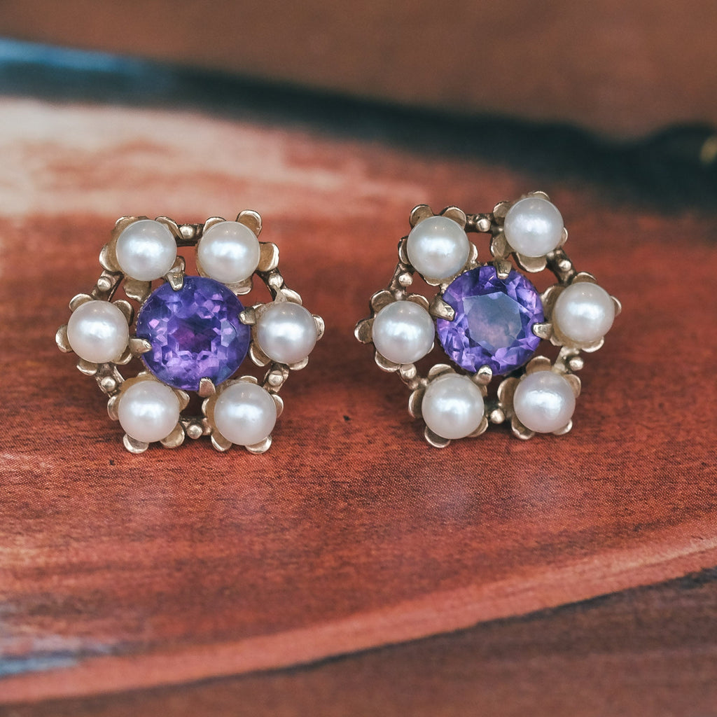 1970s Amethyst & Pearl Flower Earrings - Lost Owl Jewelry
