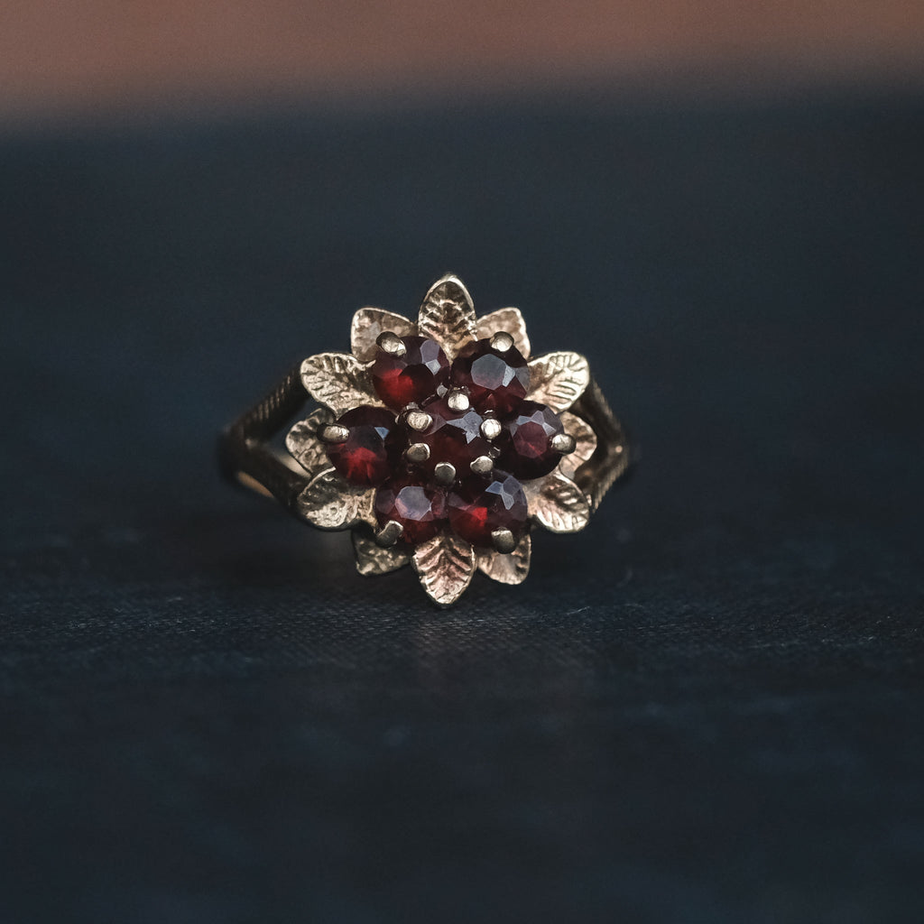 25. 1976 Garnet Flower Ring - Lost Owl Jewelry