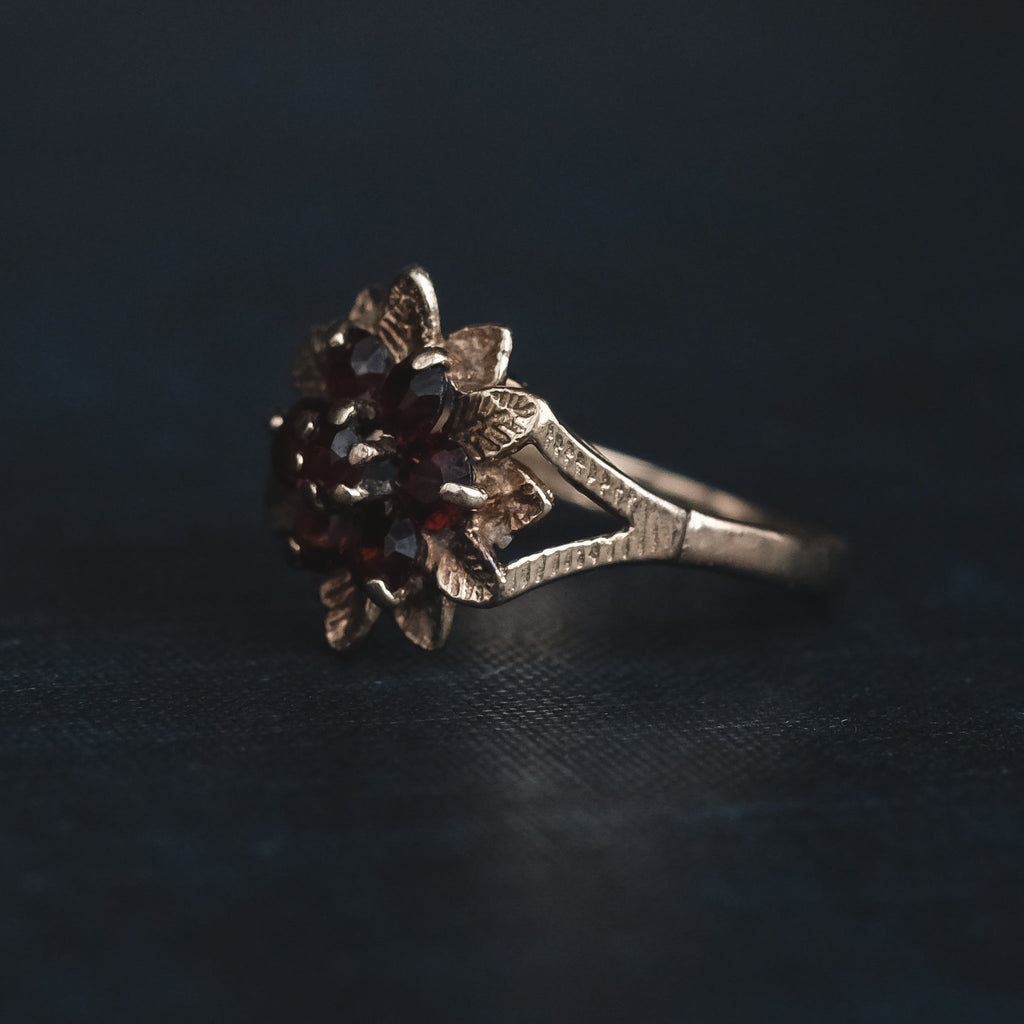 25. 1976 Garnet Flower Ring - Lost Owl Jewelry