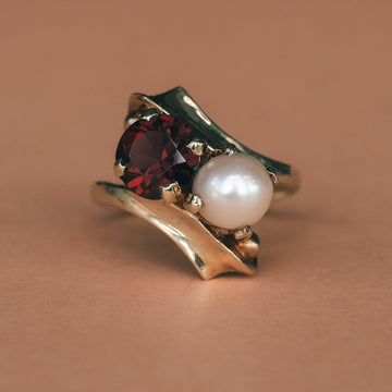 27. 1964 Pearl & Garnet Crossover Ring - Lost Owl Jewelry