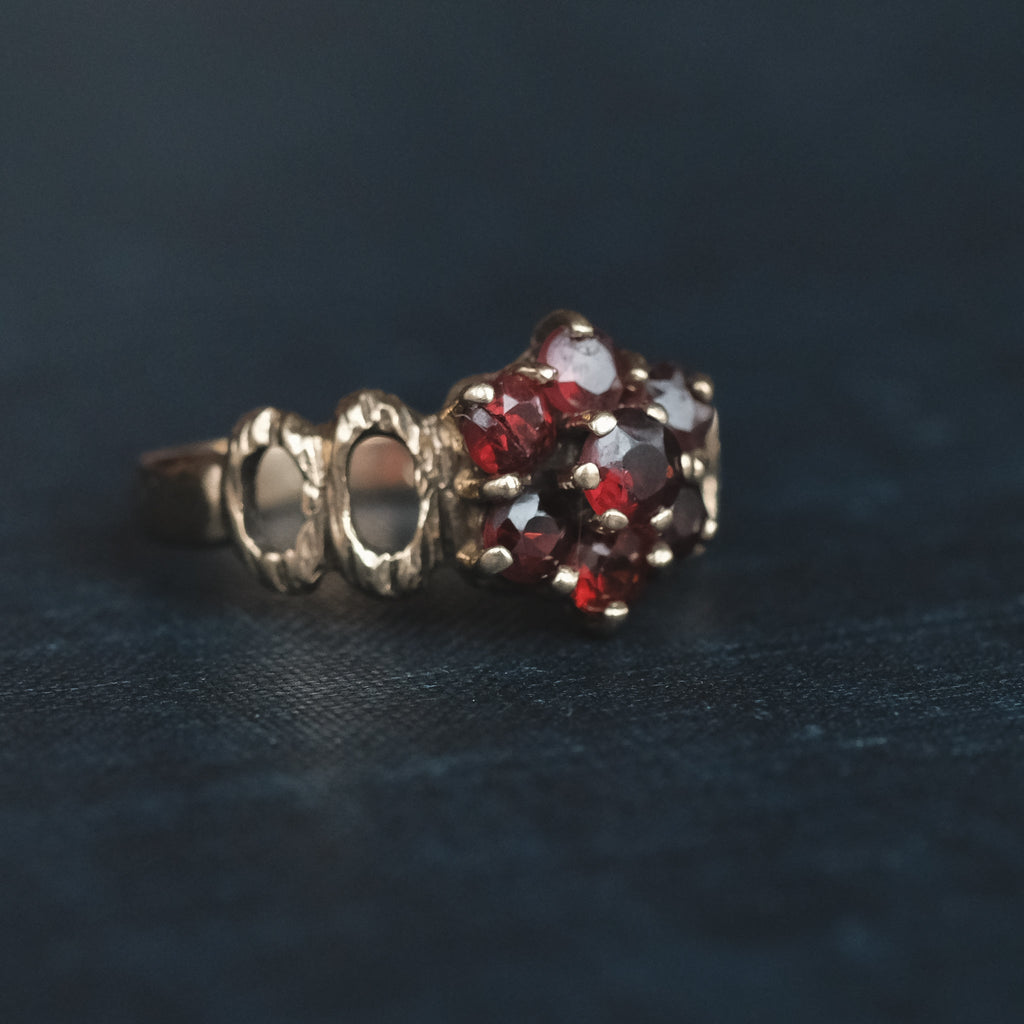 41. 1977 Garnet Tree Bark Cluster Ring - Lost Owl Jewelry