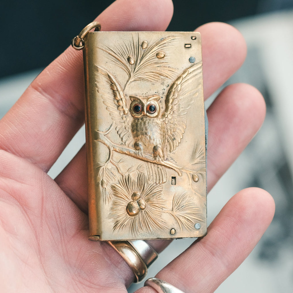 Antique Brass Owl Vesta Case - Lost Owl Jewelry