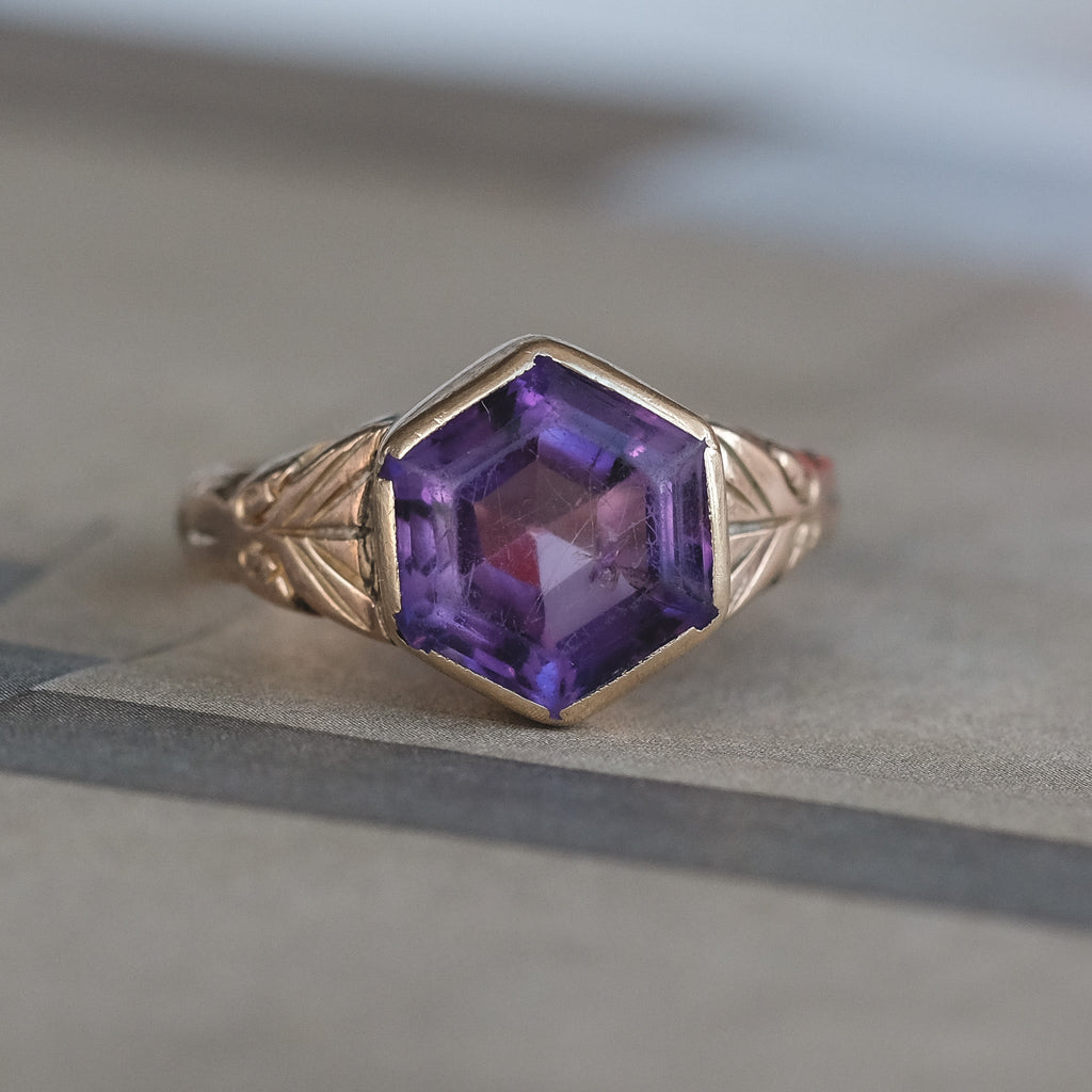 Art Deco Amethyst Hexagon Ring - Lost Owl Jewelry