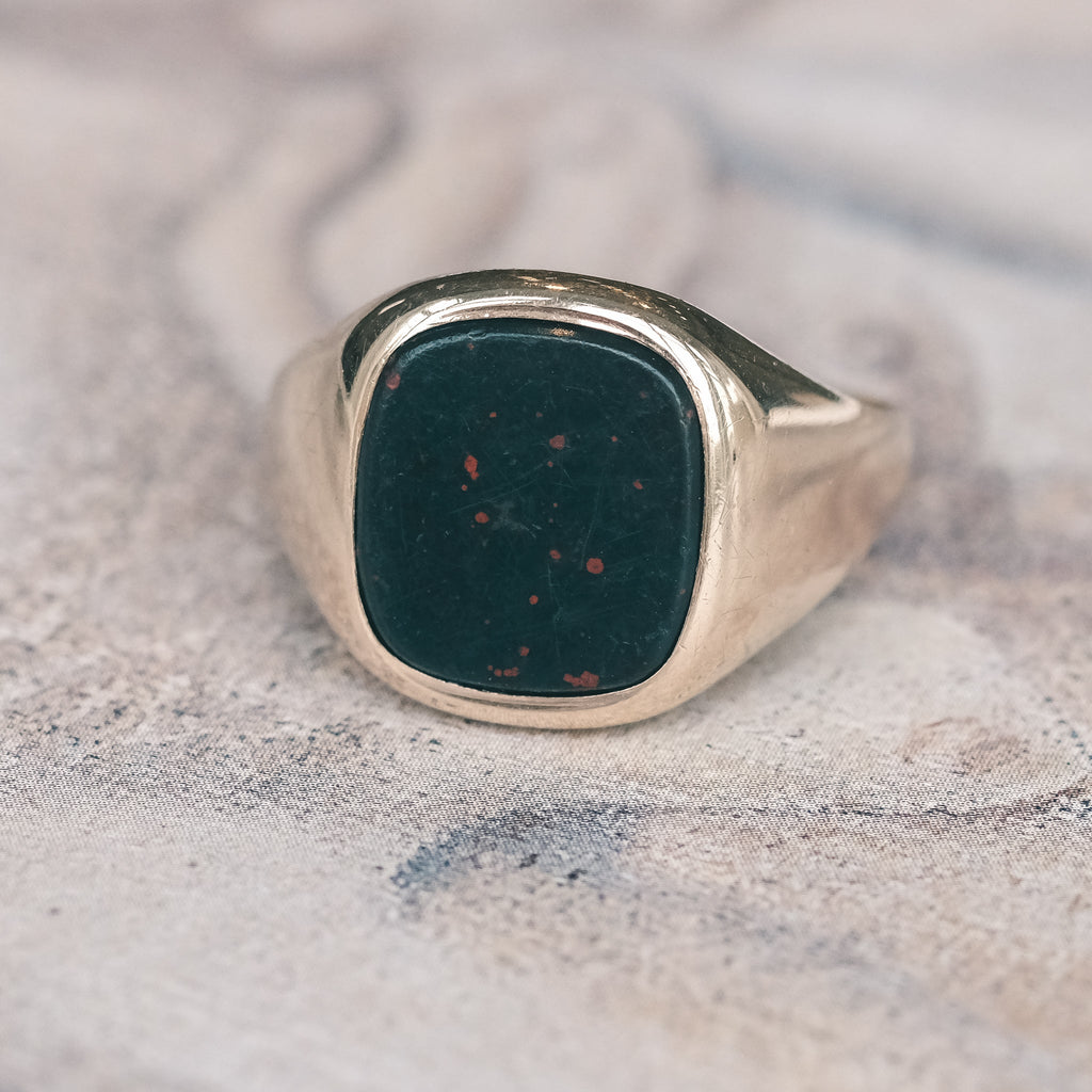 Art Deco Bloodstone Cushion Signet Ring - Lost Owl Jewelry