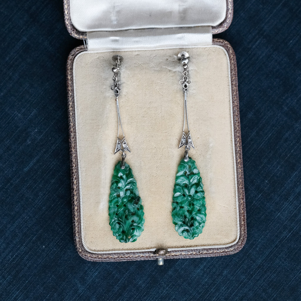 Art Deco Carved Jade Earrings - Lost Owl Jewelry