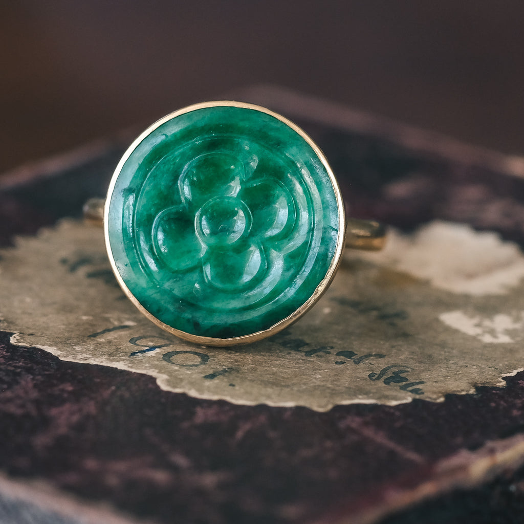 Art Deco Carved Jade Ring - Lost Owl Jewelry