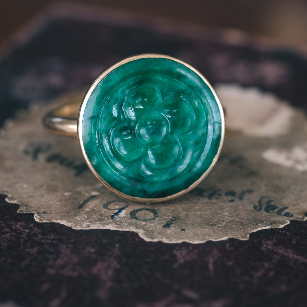 Art Deco Carved Jade Ring - Lost Owl Jewelry