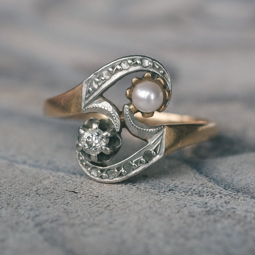 Art Deco Diamond & Pearl Crossover Ring - Lost Owl Jewelry