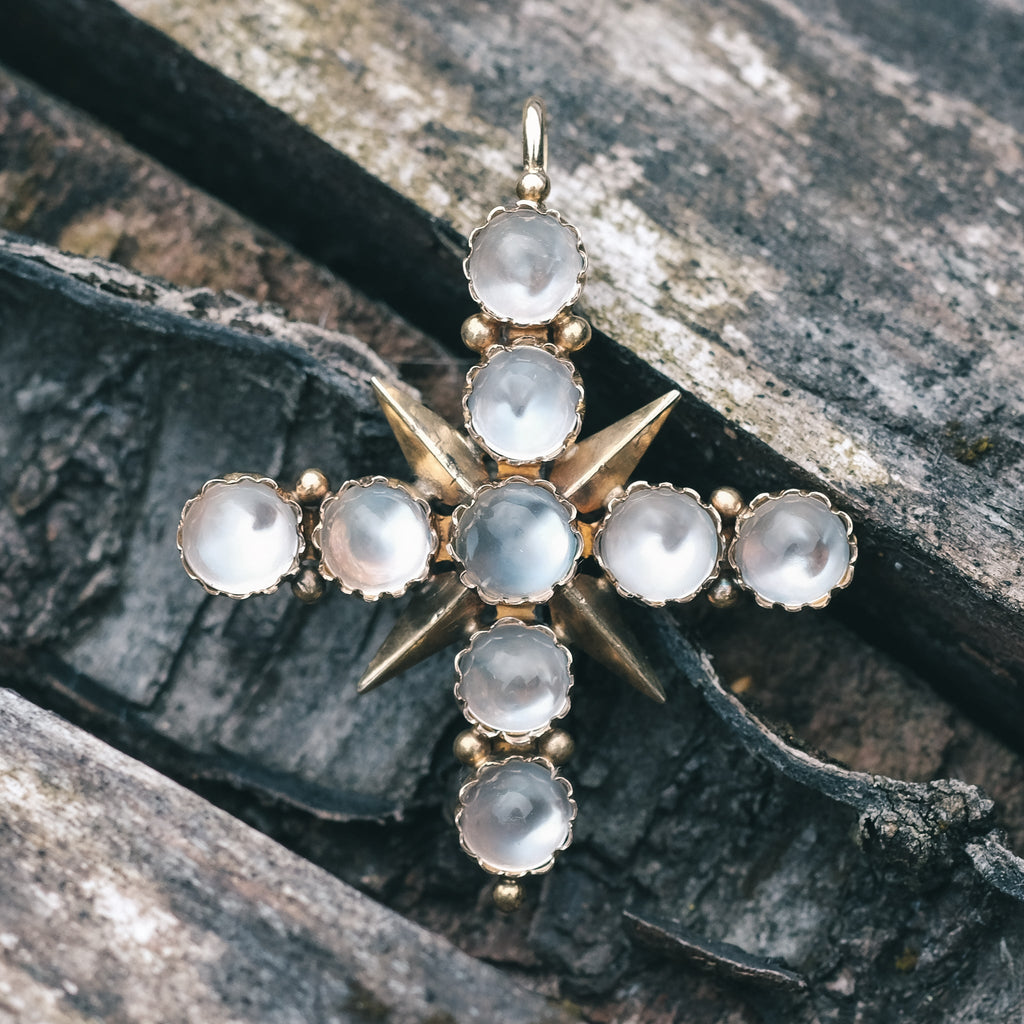 Art Deco Moonstone Cross Pendant - Lost Owl Jewelry