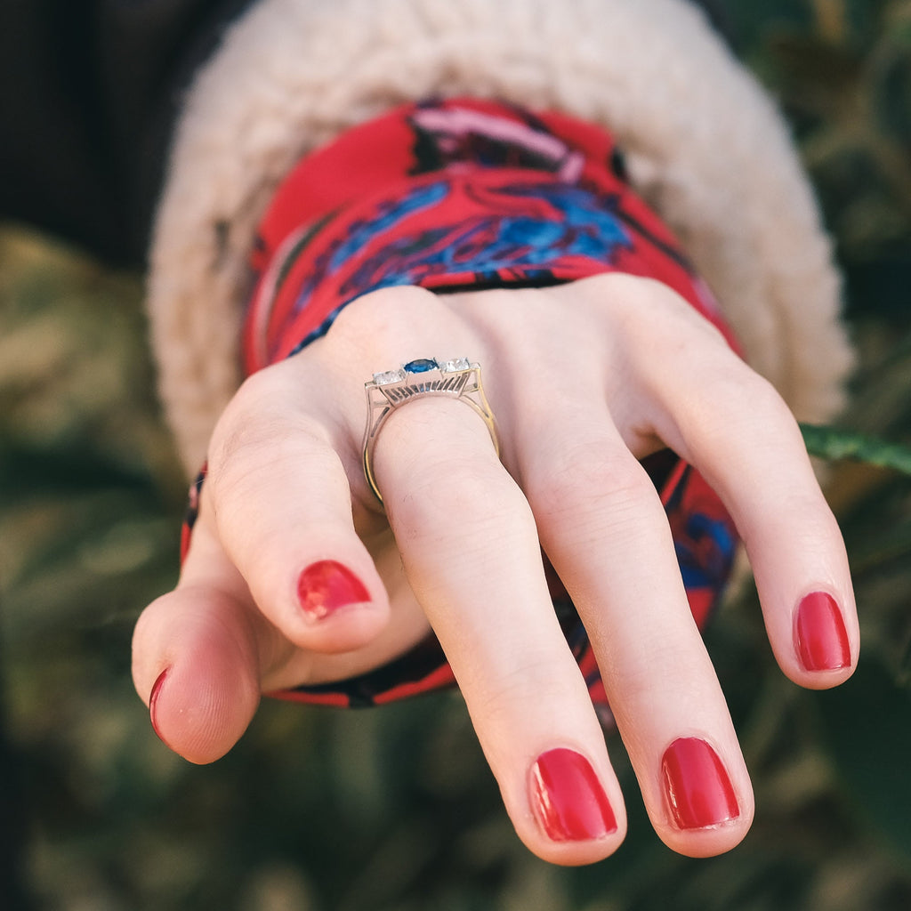Art Deco Sapphire & Diamond Trilogy Ring - Lost Owl Jewelry