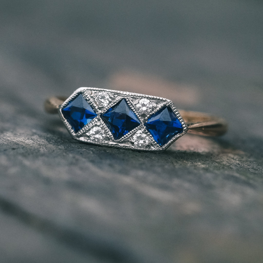 Art Deco Sapphire Trilogy Ring - Lost Owl Jewelry