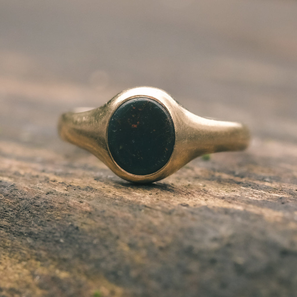 Art Deco Small Oval Bloodstone Signet Ring - Lost Owl Jewelry