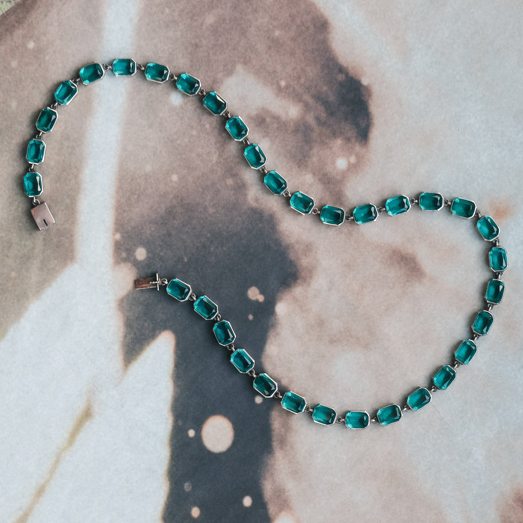 Art Deco Teal Paste Riviere Necklace - Lost Owl Jewelry