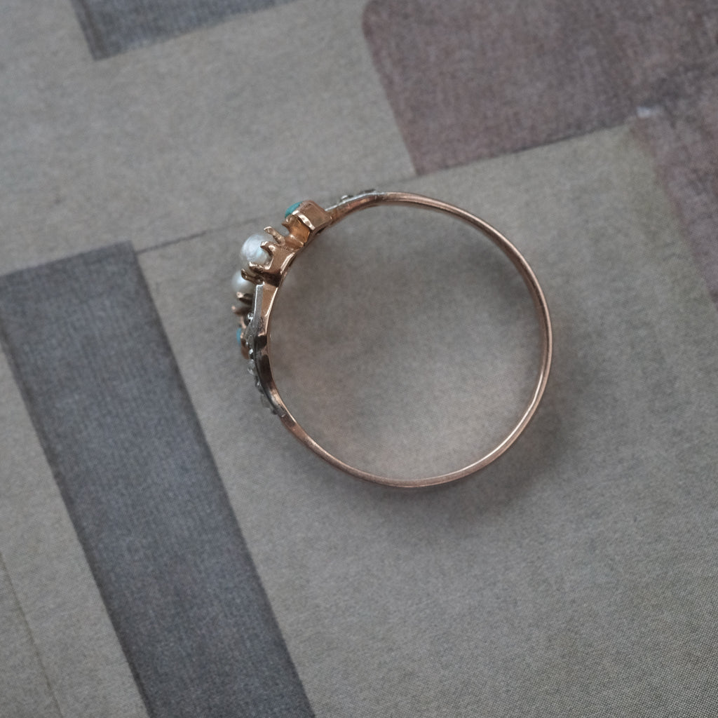 Art Nouveau Pearl & Turquoise Crossover Ring - Lost Owl Jewelry