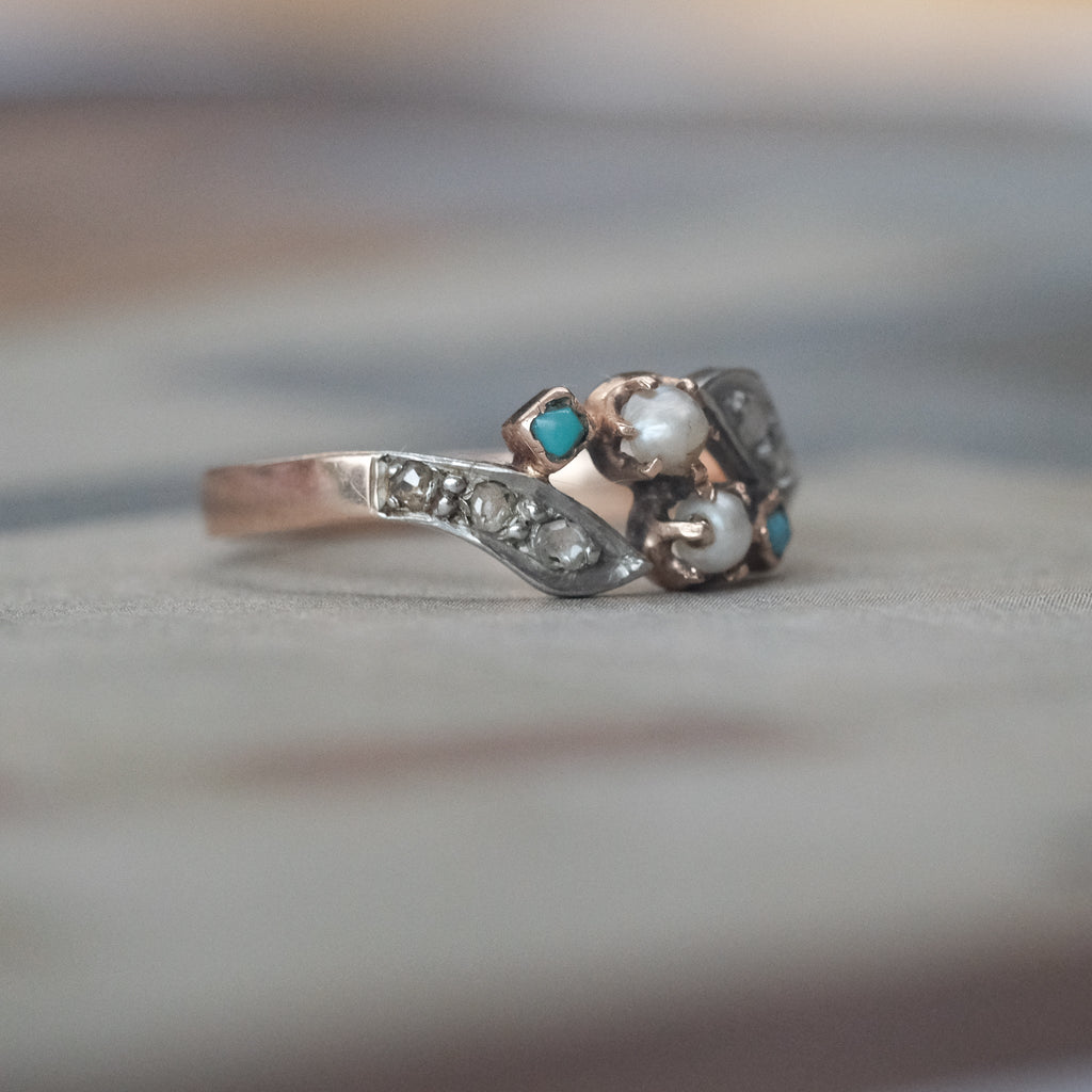 Art Nouveau Pearl & Turquoise Crossover Ring - Lost Owl Jewelry