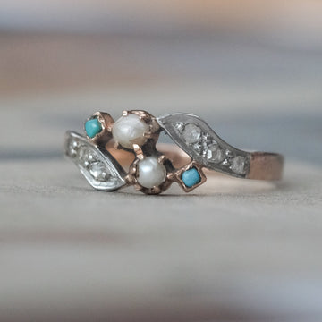 Art Nouveau Pearl & Turquoise Crossover Ring - Lost Owl Jewelry