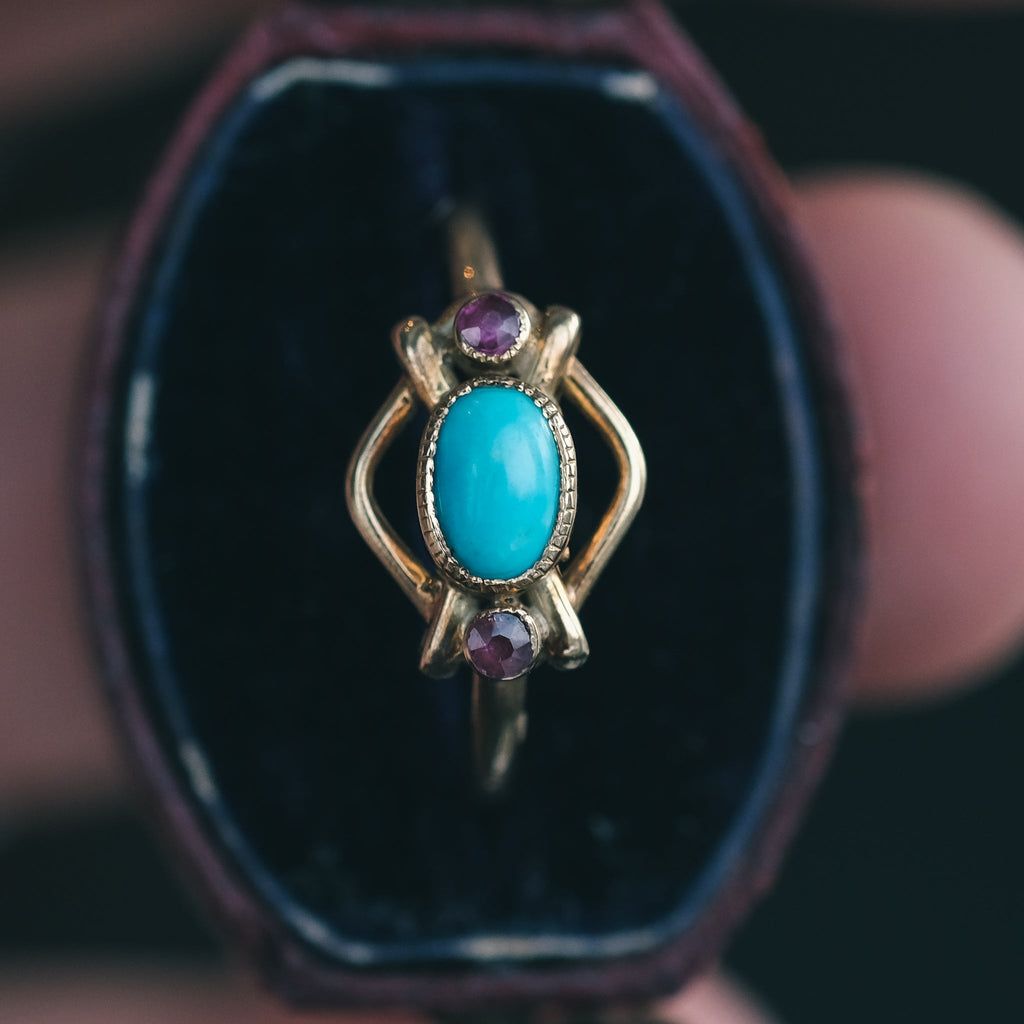Arts & Crafts Turquoise Ruby Ring - Lost Owl Jewelry