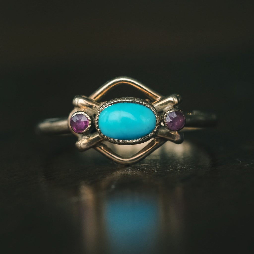 Arts & Crafts Turquoise Ruby Ring - Lost Owl Jewelry