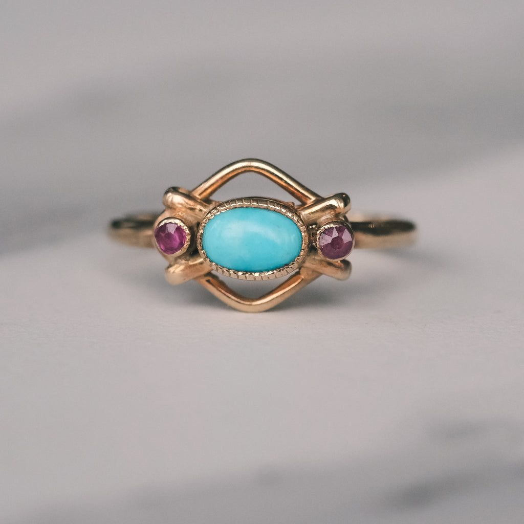Arts & Crafts Turquoise Ruby Ring - Lost Owl Jewelry