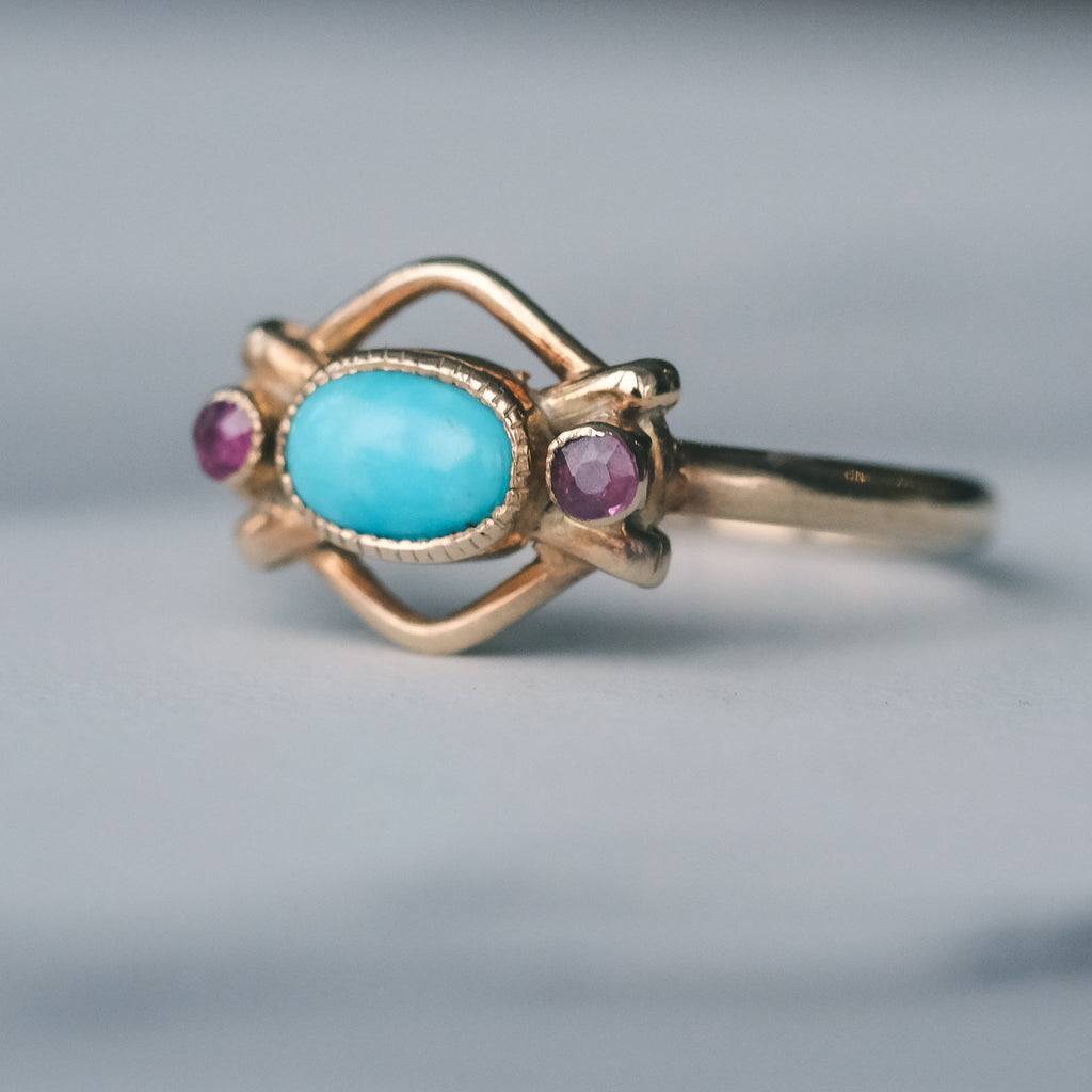 Arts & Crafts Turquoise Ruby Ring - Lost Owl Jewelry