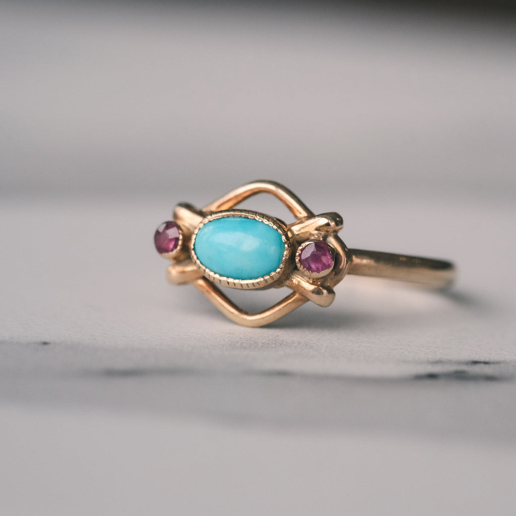 Arts & Crafts Turquoise Ruby Ring - Lost Owl Jewelry