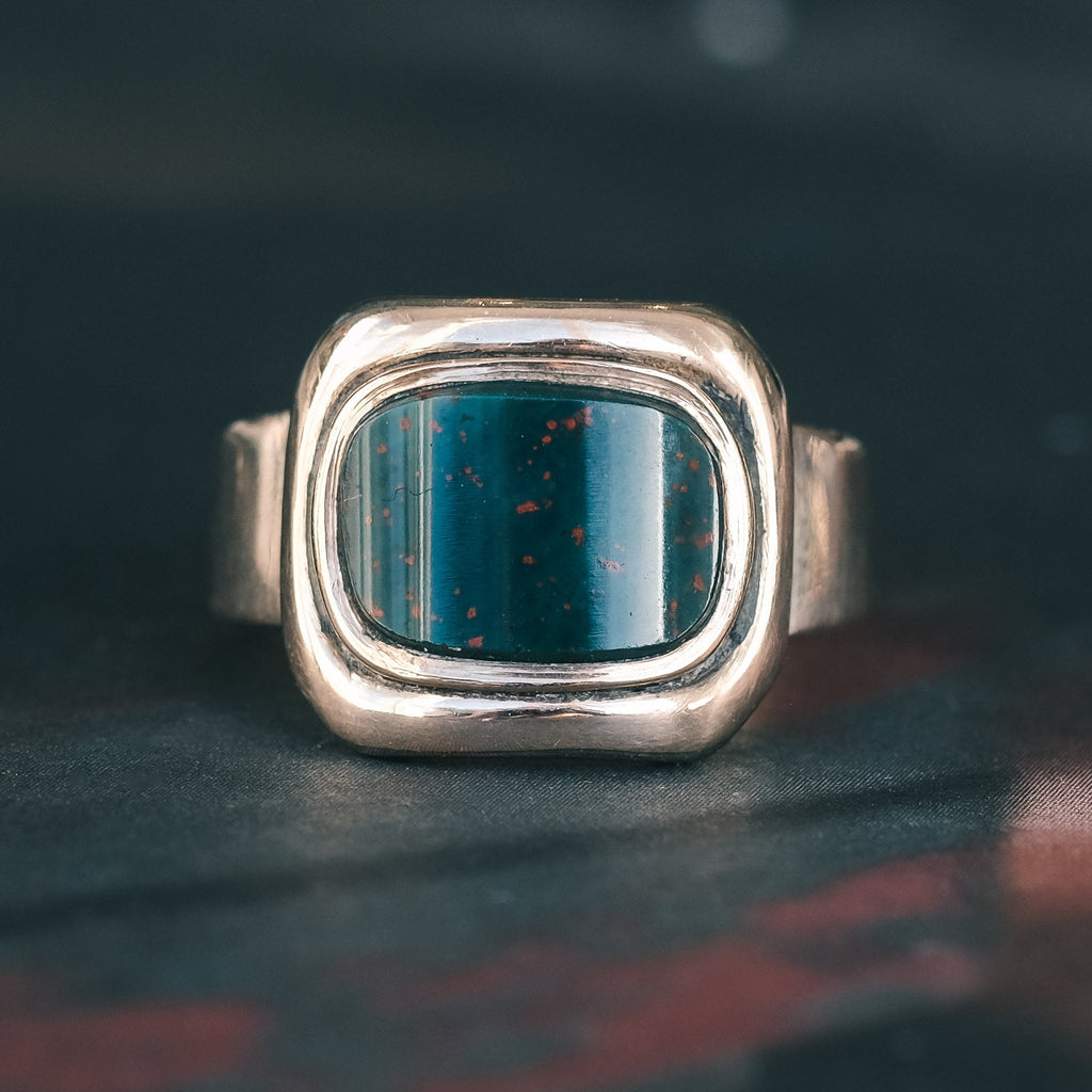 Early Victorian Curved Bloodstone Signet Ring - Lost Owl Jewelry
