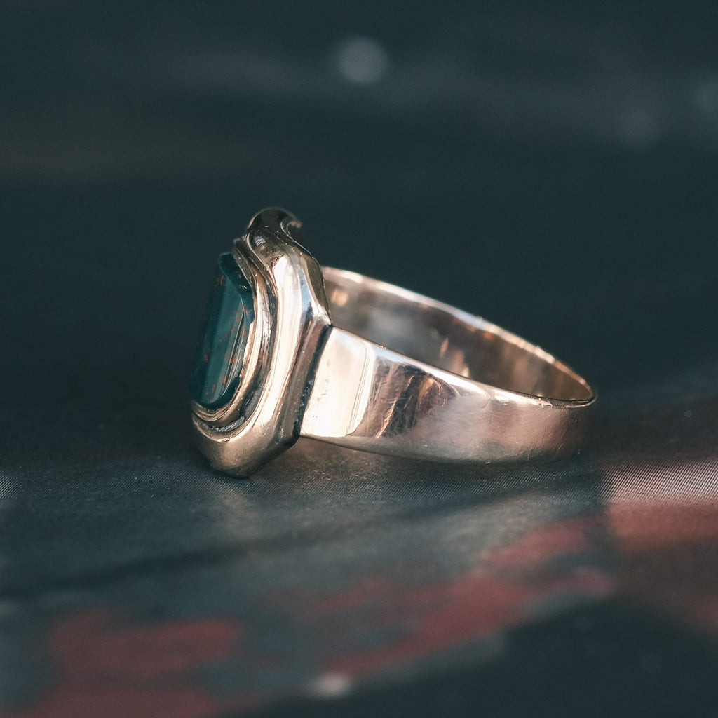 Early Victorian Curved Bloodstone Signet Ring - Lost Owl Jewelry