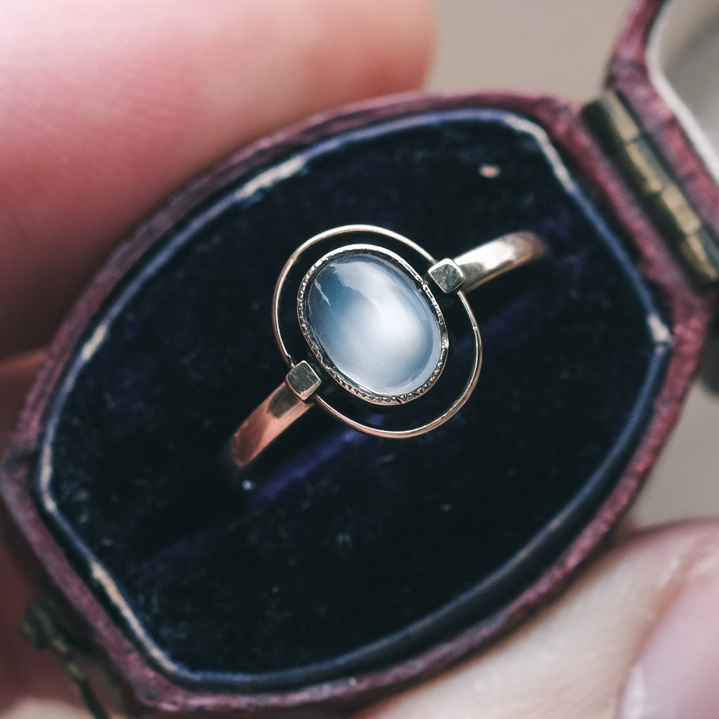 Edwardian Moonstone Halo Ring by Murrle Bennett & Co - Lost Owl Jewelry